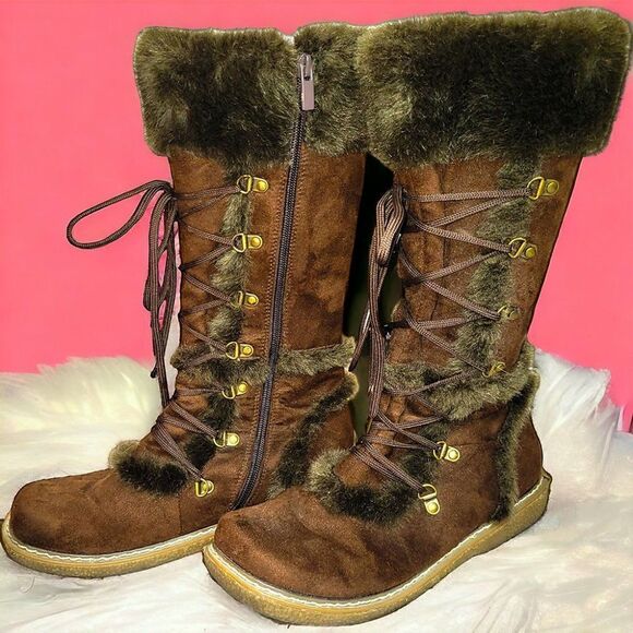 Moccasin style brown velvet fur trim tall calf boots - Picture 3 of 5